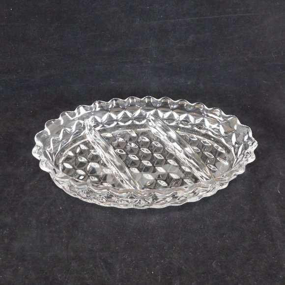 Fostoria American Clear 3-Part Dish Divided Oval Relish Candy Nut Cube Motif Vtg - Picture 1 of 8